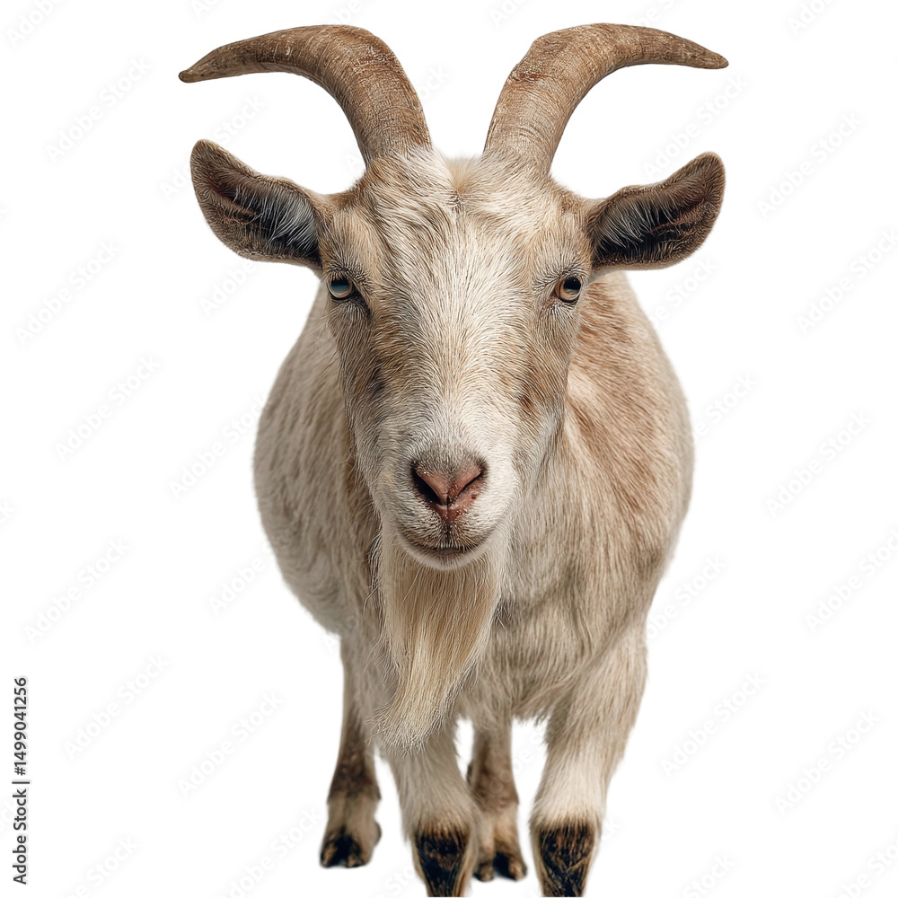 Fototapeta premium Close-up of a curious goat with prominent horns, set against a plain background, showcasing its features