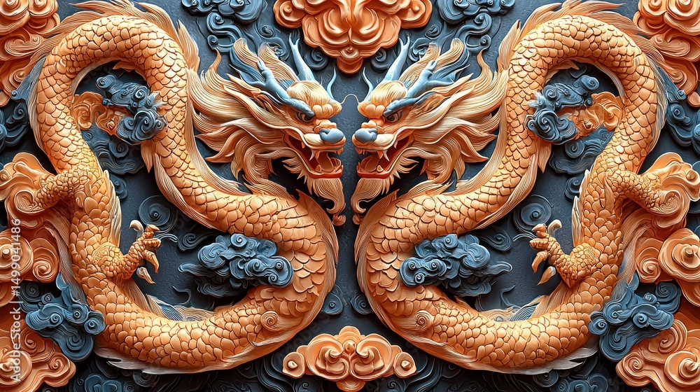 Fototapeta premium Two facing dragons, bas-relief, ornate clouds
