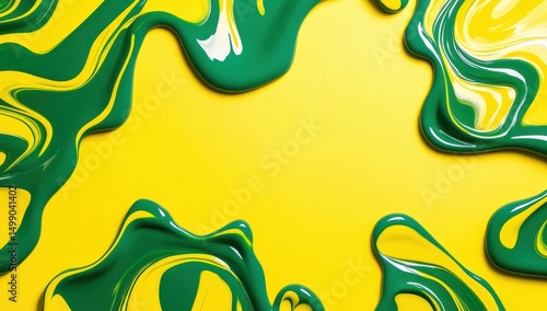 Abstract swirls of glossy green and yellow paint create a vibrant, frame-like design against a solid yellow background, leaving a central empty space