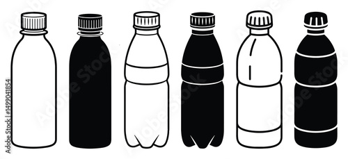 Monochrome line art illustration of various plastic bottles in diverse designs and outlines