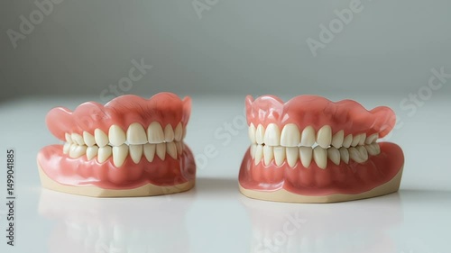 Set of dentures on a white surface for dental care concepts