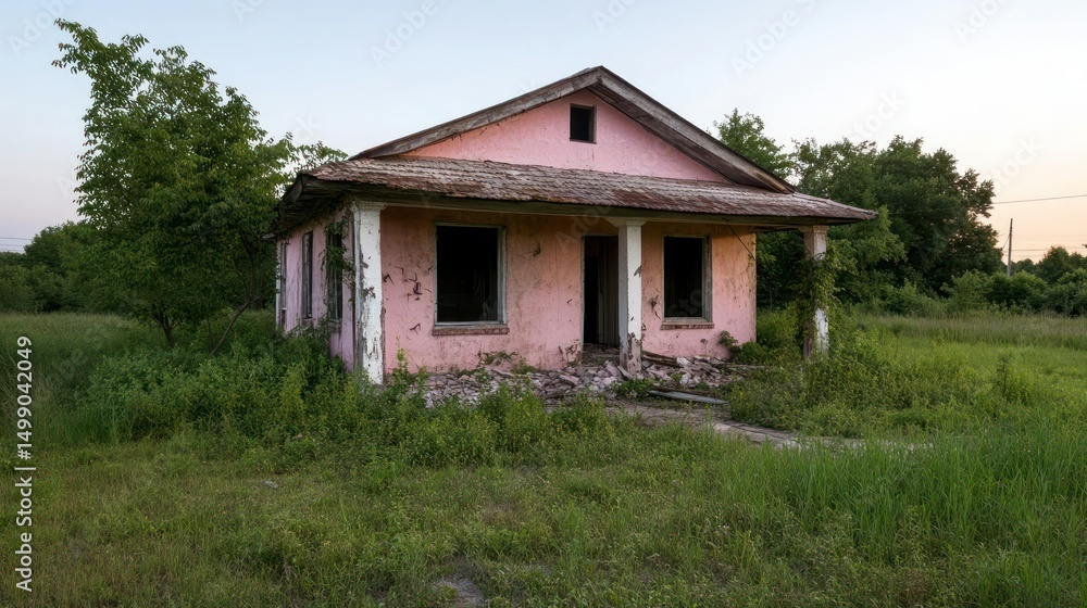 Dilapidated Pink House In A Grassy Field Under Dusk Sky Shows Signs Of Decay And Abandonment Dilapidated Pink House In A Grassy Field Under Dusk Sky Shows Signs Of Decay And Abandonment