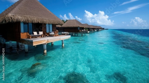 Overwater Bungalows on Turquoise Water in a Tropical Paradise Under Clear Blue Skies