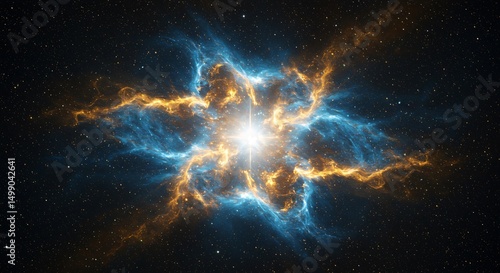 Spectacular cosmic burst of energy with golden and blue nebula in the vast expanse of space