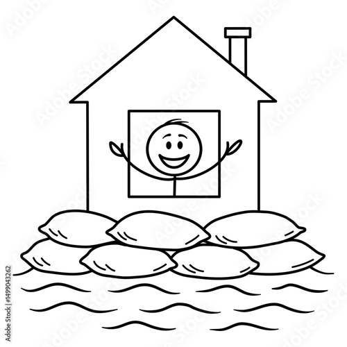 Happy stick figure family safe behind flood barriers. Vector cartoon illustration of home protection from natural disasters.