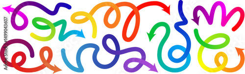 Gradient line arrow vector set. Curved shape doodle icon element, gradation squiggly brush bg. Up and down direction scribble stroke carnival pattern. Change plan graphic sign, color circle curly bold