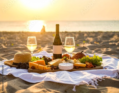 A romantic beach picnic at sunset features a white tablecloth on the sand, with wine, two glasses, cheeses, and fruits. Golden sunlight casts soft, dreamy shadows.