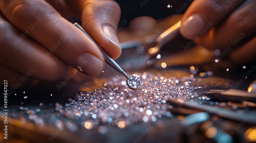 Obraz premium A close-up of a jeweler’s hands delicately placing tiny gemstones into a silver necklace setting, surrounded by precision tools and soft studio lighting. Created Using: macro photography style,