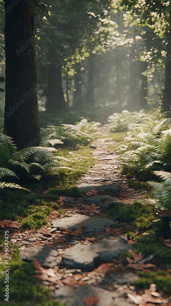 Fototapeta premium A serene forest path surrounded by lush ferns and dappled sunlight.