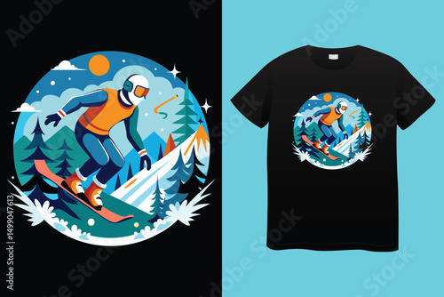Snowboarder Riding Mountain Slope – Colorful Winter Vector Illustration, Cool Snowboarding Scene – Action Sports in Snowy Landscape, Mountain Snowboarding Man – Adventure Winter Sport Vector.