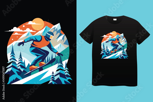 Snowboarder Riding Mountain Slope – Colorful Winter Vector Illustration, Cool Snowboarding Scene – Action Sports in Snowy Landscape, Mountain Snowboarding Man – Adventure Winter Sport Vector.