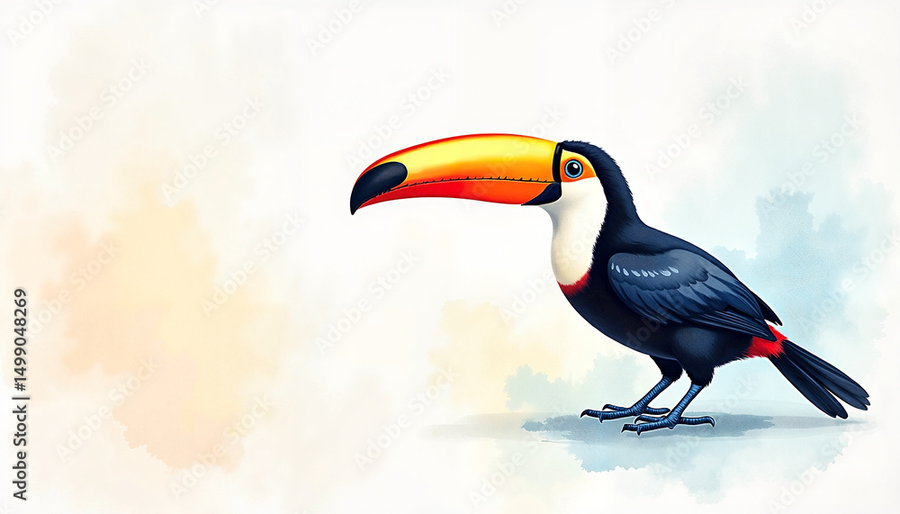 Obraz premium Colorful toucan bird illustration on soft watercolor background 