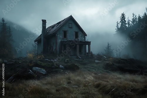 A dilapidated house surrounded by misty forest, evoking a sense of mystery and abandonment.