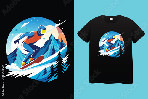 Snowboarder Riding Mountain Slope – Colorful Winter Vector Illustration, Cool Snowboarding Scene – Action Sports in Snowy Landscape, Mountain Snowboarding Man – Adventure Winter Sport Vector.