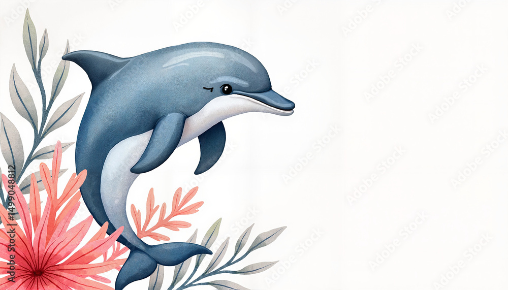 Fototapeta premium Dolphin swimming near pink coral flowers 