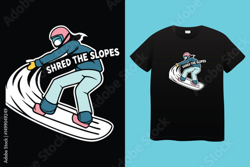 Snowboarder Riding Mountain Slope – Colorful Winter Vector Illustration, Cool Snowboarding Scene – Action Sports in Snowy Landscape, Mountain Snowboarding Man – Adventure Winter Sport Vector.
