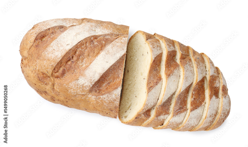 Cut loaf of bread isolated on white, top view Cut loaf of bread isolated on white, top view