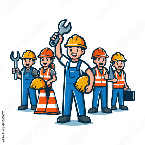 Happy Builder Mascot Holding Wrench in Flat Vector Style Wearing Safety Helmet and Vest for Branding Web Print Poster Graphic and UI Presentation Assets
