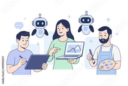 Flat-style illustration of creative professionals using AI tools for graphic design and digital art. Depicts teamwork, innovation, and modern technology in the creative process.