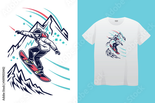 Snowboarder Riding Mountain Slope – Colorful Winter Vector Illustration, Cool Snowboarding Scene – Action Sports in Snowy Landscape, Mountain Snowboarding Man – Adventure Winter Sport Vector.