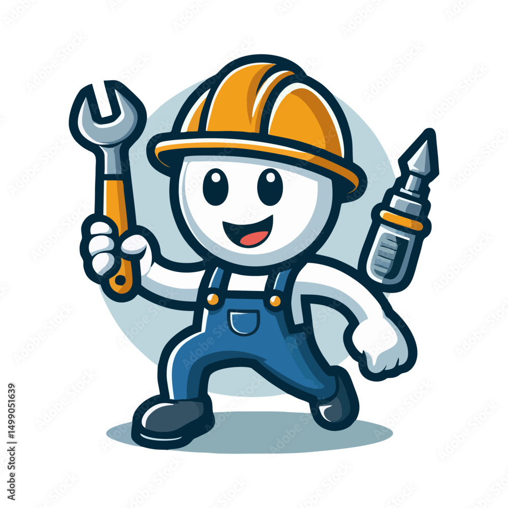 Fototapeta premium Vector Cartoon Construction Worker Mascot in Bright Outfit Waving for Sticker Banner Logo Poster Web App and Design Print Asset for Architecture Industry
