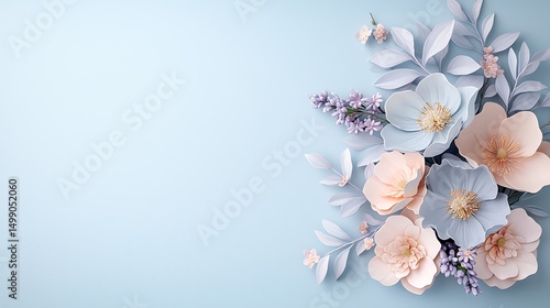 Elegant paper flowers arrangement on a soft blue background