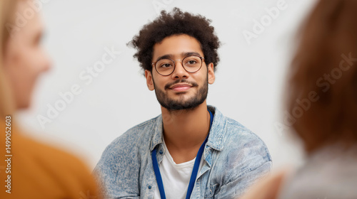 Young man intern listening carefully during casual feedback session with colleagues