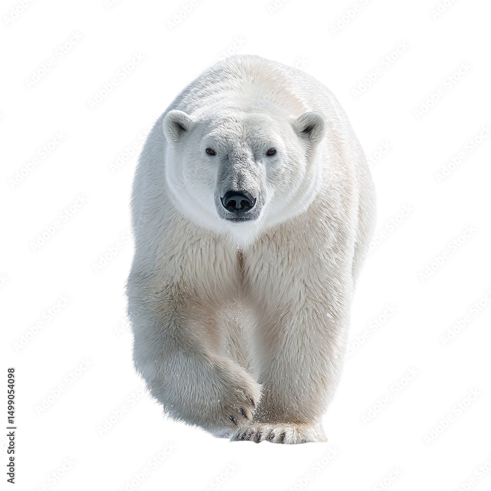 A majestic polar bear walking confidently across a snowy landscape, showcasing its natural habitat A majestic polar bear walking confidently across a snowy landscape, showcasing its natural habitat