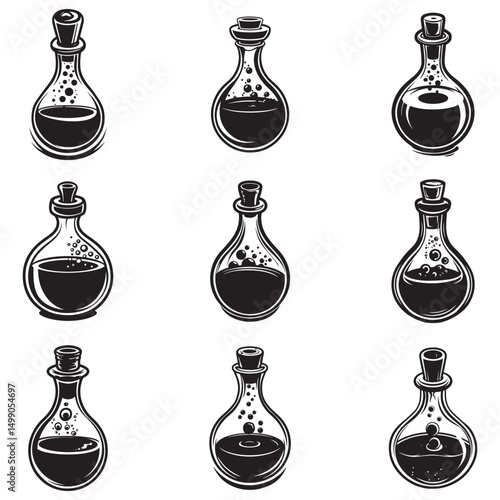 Hand Drawn Illustration of a Potion Bottle with Stopper and Liquid, Potion Bottle Illustration with Bubbling Liquid