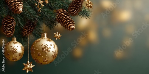 Wallpaper Mural Golden Christmas Decoration, Sparkling Baubles, And Pine Branches On A Festive Green Background Torontodigital.ca