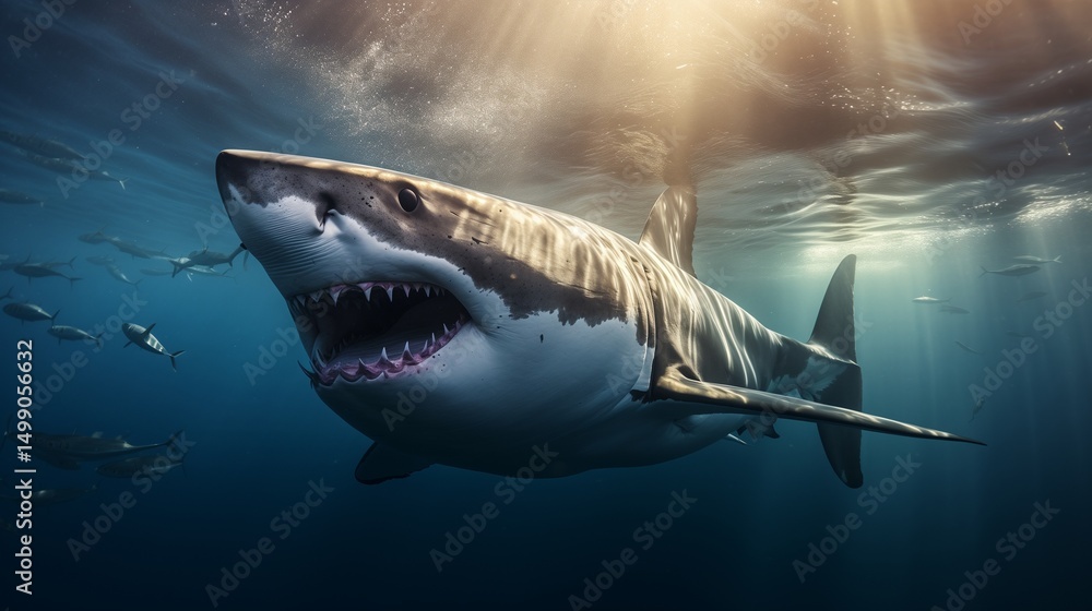 Obraz premium A powerful great white shark swimming just below the surface, sunlight filtering through the deep blue water 