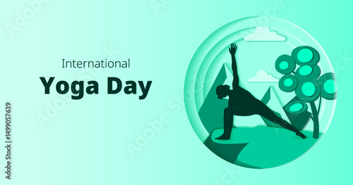 International Yoga Day. Horizontal template. Parshvakonasana pose. Side Angle pose. Paper cut design. Isolated vector illustration.