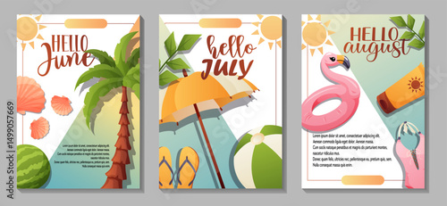 Mini set of 3 vertical summer cards and flyers with Hello June, Hello July, and Hello August titles. Includes palm trees, sun, fruits, beach, and summer accessories.