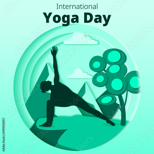 International Yoga Day. Square template. Parshvakonasana pose. Side Angle pose. Paper cut design. Isolated vector illustration
