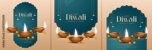 Happy Diwali - festival of lights colorful poster template design with decorative diya lamp. vector illustration. Indian festival of lights Happy Diwali, holiday Background, Diwali celebration.