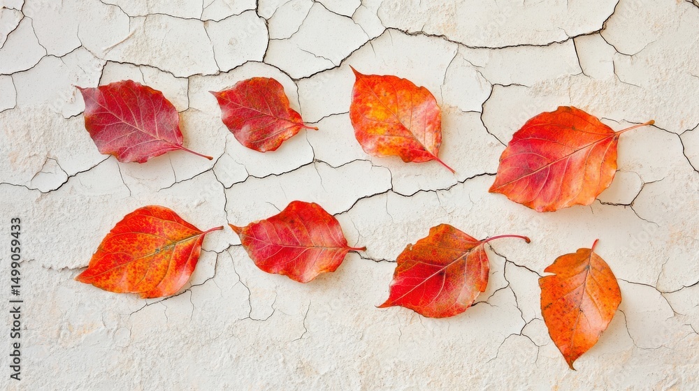 Fototapeta premium Colorful Autumn Leaves on Cracked Wall Background in Natural Light