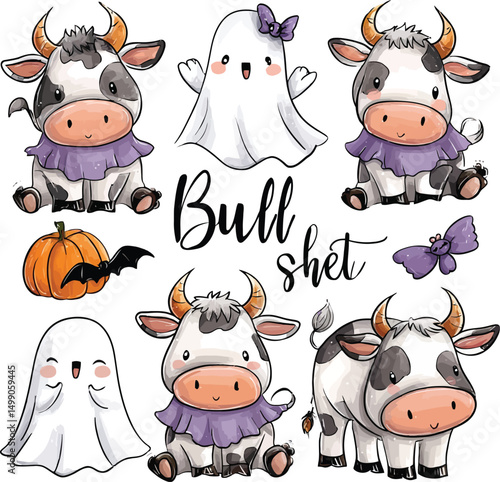 Cute Baby Cows Dressed as Ghosts – Funny Halloween Cow PNG Sublimation Design