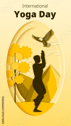 International Yoga Day. Vertical template. Garudasana pose. Eagle pose. Paper cut design. Isolated vector illustration