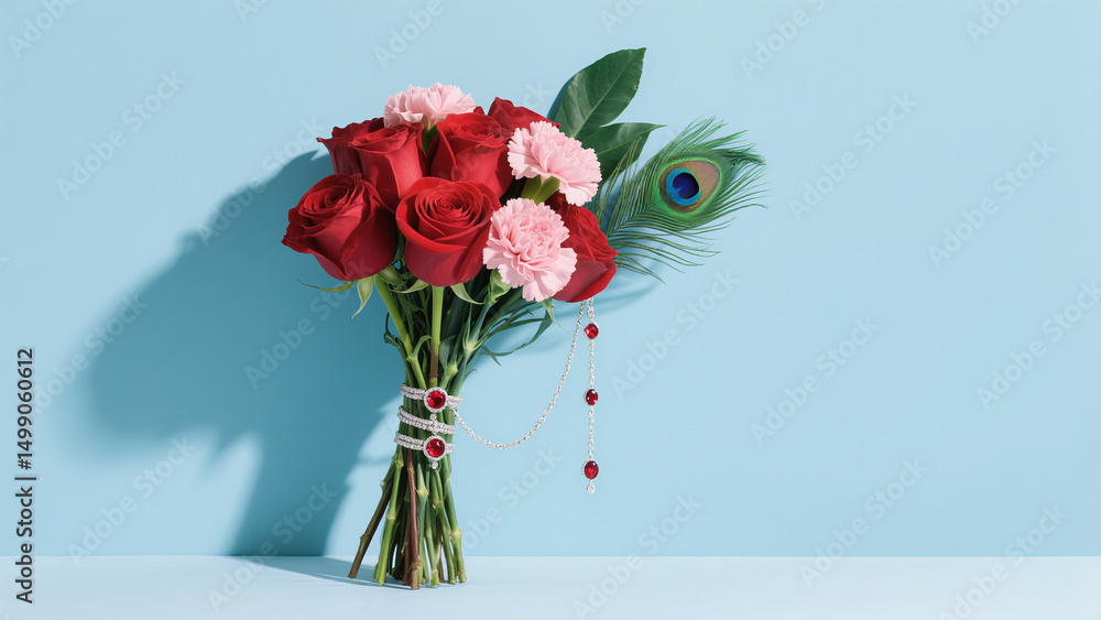 Fototapeta premium Elegant Red and Pink Rose Bouquet with Peacock Feather and Jewel Accent A stunning floral arrangement perfect for weddings, events or special occasions.