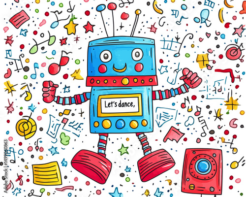 A modern funny robot dance is commonly depicted in cartoons, coloring books, or pages