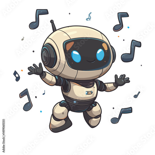 The robot is dancing with a cheerful expression amidst a flurry of musical notes