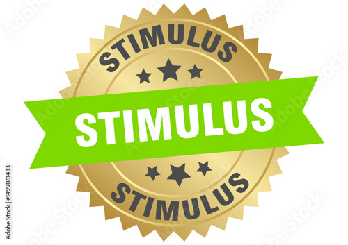 stimulus. stimulus round green and gold label isolated on transparent background