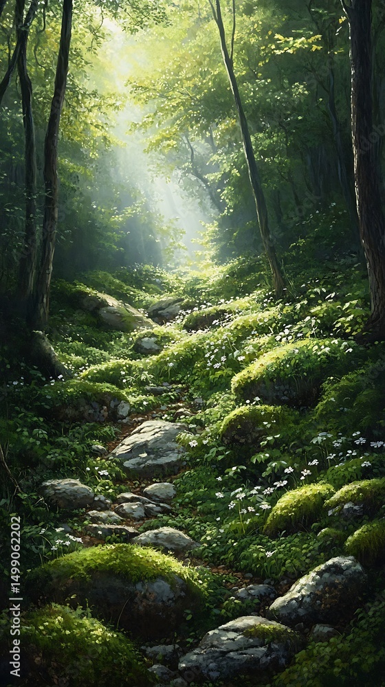 Fototapeta premium A serene forest path illuminated by sunlight, surrounded by lush greenery and flowers.