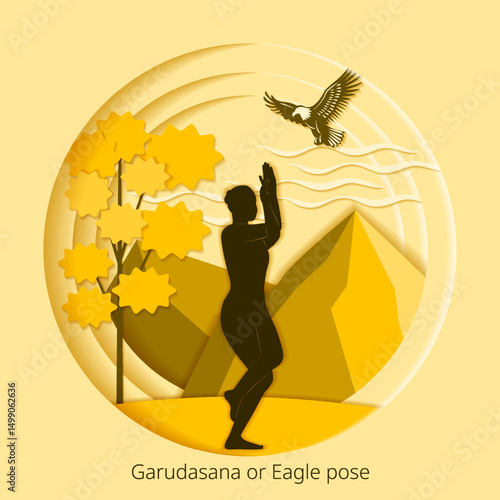International Yoga Day. Garudasana pose. Eagle pose. Paper cut design. Isolated vector illustration.