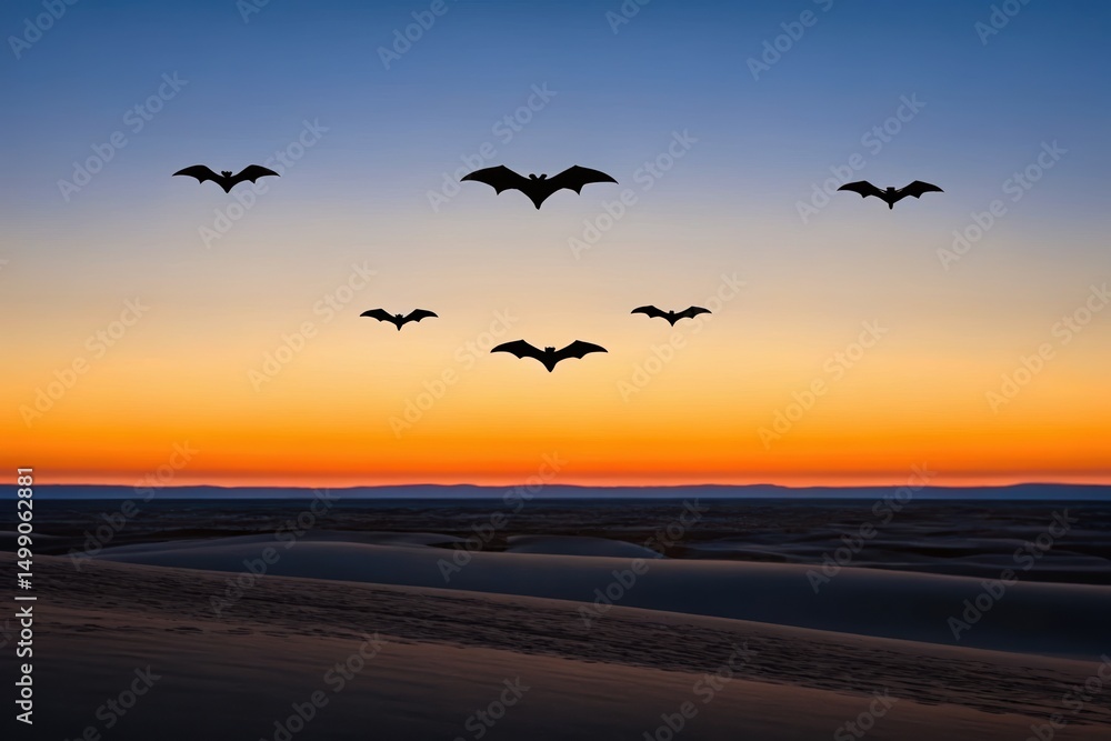 Naklejka premium Bat Habitat Bats flying against a vibrant sunset sky over a serene landscape.
