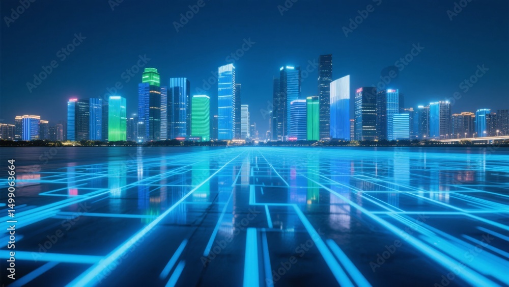 Fototapeta premium Digital Grid Overlooking a Futuristic Cityscape
