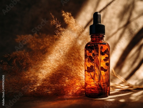 Natural essential oil dropper bottle in soft light rustic setting photography organic aesthetic