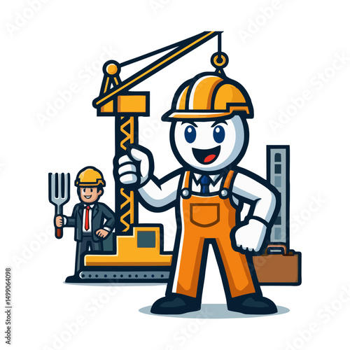 Bright flat cartoon builder mascot character smiling with construction gear and helmet vector style for contractor company branding and service promotion