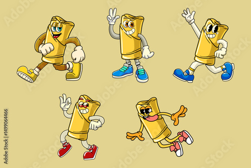 Set of Spring roll Food Cartoon Characters in Retro 70s Illustration