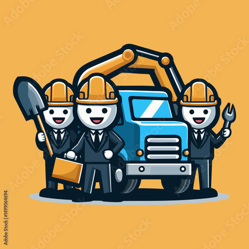 Construction worker cartoon character mascot flat vector design wearing uniform holding wrench and hammer for builder service contractor logo identity branding
